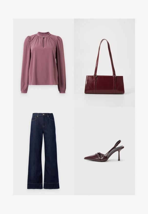 Blusa de manga larga en color malva con cuello fruncido, escote en forma de ojal con cierre de botón y hombros ligeramente abullonados.; Jeans rectos de mezclilla color azul oscuro. Presentan un cierre de botón, detalles de costura y bolsillos laterales. Dobladillo acampanado.; Zapato de tacón slingback de charol burdeos con puntera puntiaguda, fina correa en el tobillo y pequeño detalle decorativo de hebilla. Textura suave y tacón alto.; Bolso burdeos hecho de material brillante, de forma rectangular, con dos asas para el hombro y sutiles acentos curvados en la parte frontal.