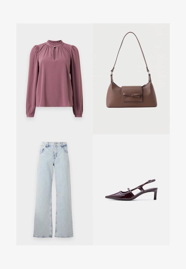 Mauve blouse met lange mouwen, geplooide kraag, keyhole halslijn met knoopsluiting en licht opgeblazen schouders.; Lichtblauwe wijde jeans van denim, met een hoge taille, riemlussen, vijf zakken en vervaagde gebieden voor een vintage uitstraling.; Bordeaux lakleren slingback schoen met spitse neus, lage hak en dubbele verstelbare gespsluitingen.; Bruine leren schoudertas met een voorvak met klep en een gestikte strikdetail en een verstelbare band.