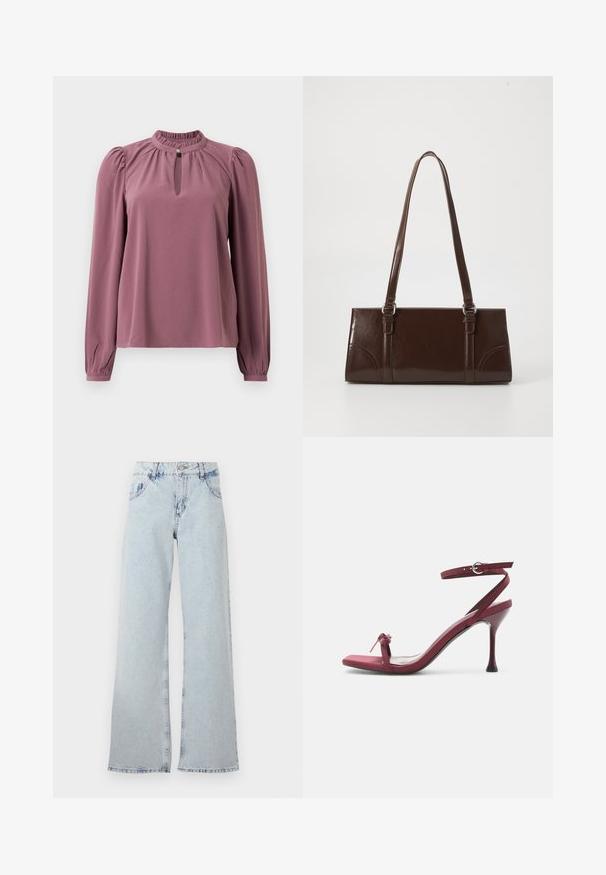 Langermet mauve bluse med samlet krave, nøglehul-udskæring med knaplukning og let puffede skuldre.; Lyseblå bred ben jeans lavet af denim, med høj talje, bælteholdere, fem lommer og slidte områder for et vintage udseende.; Burgundy højhælede sandal med tynde stropper, ankelspænde og en lille sløjfedetalje på tåstroppen.; Brun lakeret håndtaske med rektangulær form, to lange håndtag og subtile buede detaljer på fronten.