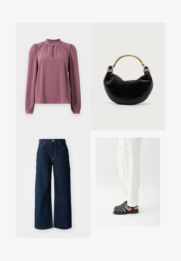 Blouse mauve à manches longues avec col froncé, encolure à clef avec fermeture à bouton et épaules légèrement bouffantes.; Jeans en denim bleu foncé à jambes larges avec des coutures contrastées, un design à cinq poches et une fermeture à bouton à la taille.; Personne portant un pantalon blanc et des sandales noires en cuir à bout ouvert avec une boucle, debout sur un fond blanc.; Sac noir en forme de croissant avec une surface texturée et une poignée rigide en ton doré ornée de décorations en spirale.