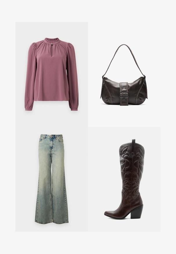 Mauve blouse met lange mouwen, geplooide kraag, keyhole halslijn met knoopsluiting en licht opgeblazen schouders.; lichtblauwe wijde jeans van denim, met een hoge taille, vervaagde wassing en zijzakken met zichtbare stiksels.; Lange donkerbruine leren cowboylaars met gestikte decoratieve patronen, spitse neus en gestapelde blokhak.; Bruine leren schoudertas met een gebogen vorm, voorzien van een opvallende gespdetail, contrasterende stiksels en een enkele schouderband.