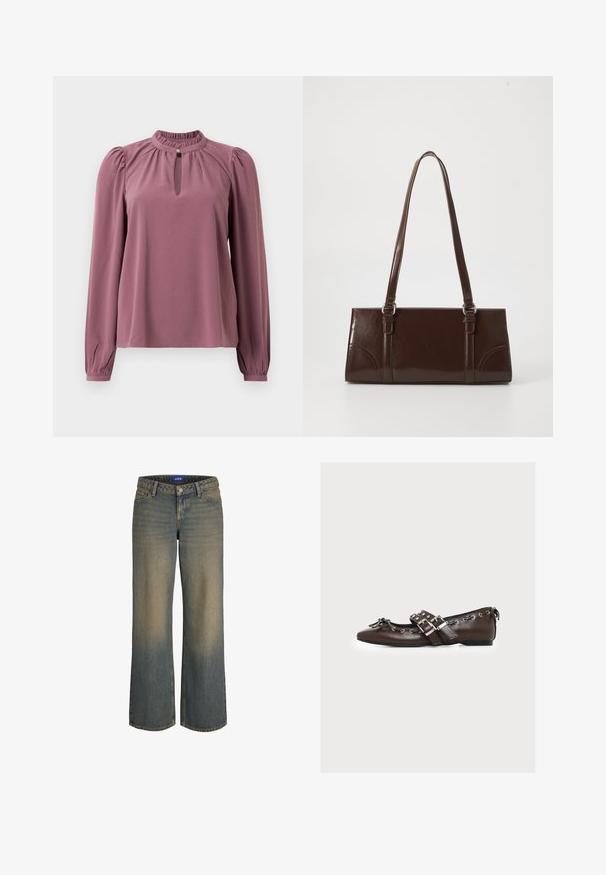 Langärmlige mauve Bluse mit gerafftem Kragen, Schlüsselloch-Ausschnitt mit Knopfverschluss und leicht gepufften Schultern.; Breite blaue Denim-Jeans mit einem hellen zu dunklem Farbverlauf, Fünf-Taschen-Design und Knopfverschluss. Gestickte Details an den Kanten.; Brauner Lederschuh mit flacher Sohle, doppelten silbernen Schnallenriemen, dekorativen Schnürungen an den Rändern und einer kleinen Schleife an der spitzen Schuhspitze.; Braune Lackleder-Handtasche in rechteckiger Form, mit zwei langen Griffen und subtilen, geschwungenen Akzenten auf der Vorderseite.