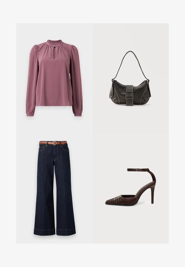 Blusa de manga larga en color malva con cuello fruncido, escote en forma de ojal con cierre de botón y hombros ligeramente abullonados.; Jeans de mezclilla de un azul oscuro, de pierna ancha y con una cintura alta, cinturón marrón y detalles de costura visibles. Incluye bolsillos delanteros y un ajuste relajado.; Zapato de tacón alto de cuero marrón con punta puntiaguda, tres pequeñas hebillas plateadas en la parte delantera y una correa ajustable en el tobillo con hebilla.; Bolso de hombro de cuero negro con detalle de correa con hebilla, bordes curvos y costuras blancas en contraste sobre un fondo liso.