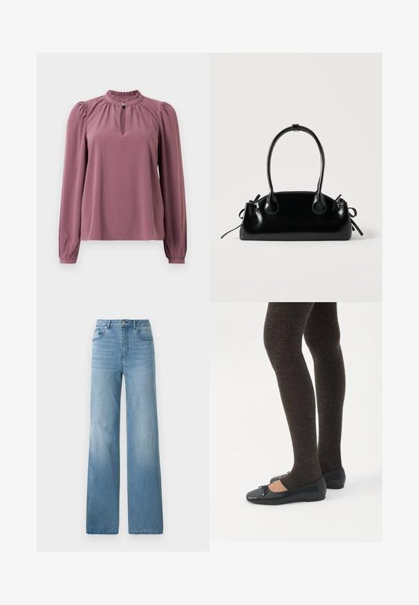 Langermet mauve bluse med samlet krave, nøglehul-udskæring med knaplukning og let puffede skuldre.; Lyseblå højtaljede jeans med lige ben. Fremstillet af denim, med fem lommer og knaplukning.; Ben iført mørke ribbede leggings kombineret med sorte balletsko med små sløjfedetaljer på hvid baggrund.; Lille sort blank håndtaske med to lange håndtag og snøre-detaljer i siden på en ensfarvet lys baggrund.