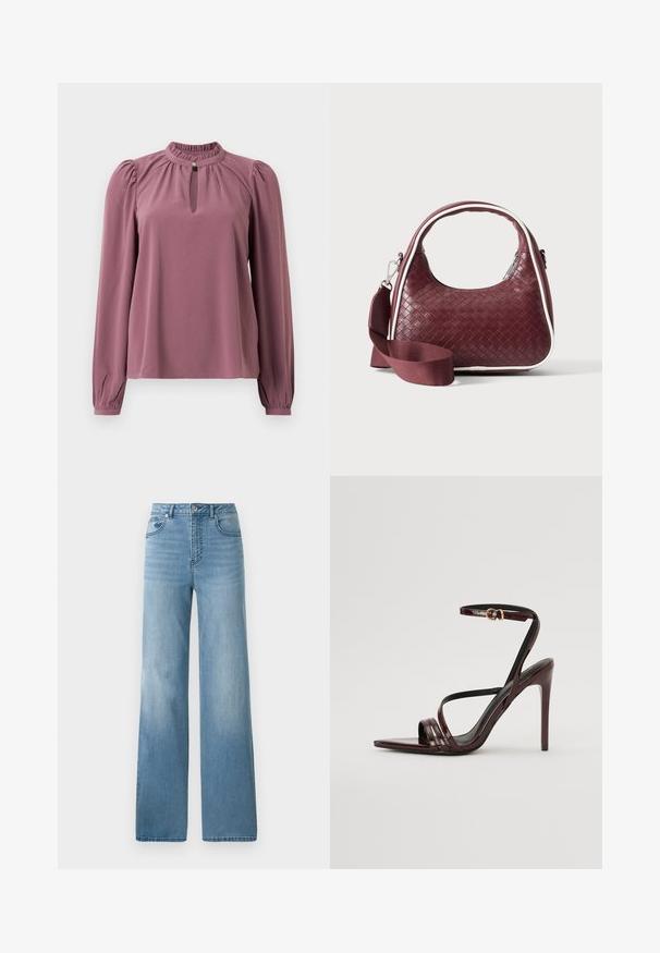 Langärmlige mauve Bluse mit gerafftem Kragen, Schlüsselloch-Ausschnitt mit Knopfverschluss und leicht gepufften Schultern.; Helleblaue hochtaillierte Jeans mit geradem Bein. Aus Denim gefertigt, mit fünf Taschen und einem Knopfverschluss.; Bordeaux-farbenes Lackleder-High-Heel-Sandale mit einem Knöchelriemen, spitzem Zehenbereich und drei horizontalen Riemen über dem Fuß. Details mit goldfarbener Schnalle.; Dunkelrote gewebte Ledertasche mit gebogenem Griff, weißem Besatz, silbernem Reißverschluss und abnehmbarem breitem Stoff-Schulterriemen vor einfarbigem Hintergrund.