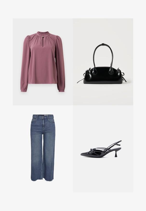 Langärmlige mauve Bluse mit gerafftem Kragen, Schlüsselloch-Ausschnitt mit Knopfverschluss und leicht gepufften Schultern.; Blaue weit geschnittene Jeans mit hoher Taille, vorderem Knopf, Reißverschluss, fünf Taschen und ausgefransten Säumen.; Schwarzer Slingback-Pumps aus Lackleder mit spitzer Zehenpartie, niedrigem Kitten-Heel und dekorativer, geknoteter Schleife vorne.; Kleine schwarze glänzende Handtasche mit zwei langen Griffen und seitlichen Kordelzug-Details vor einfachem hellem Hintergrund.