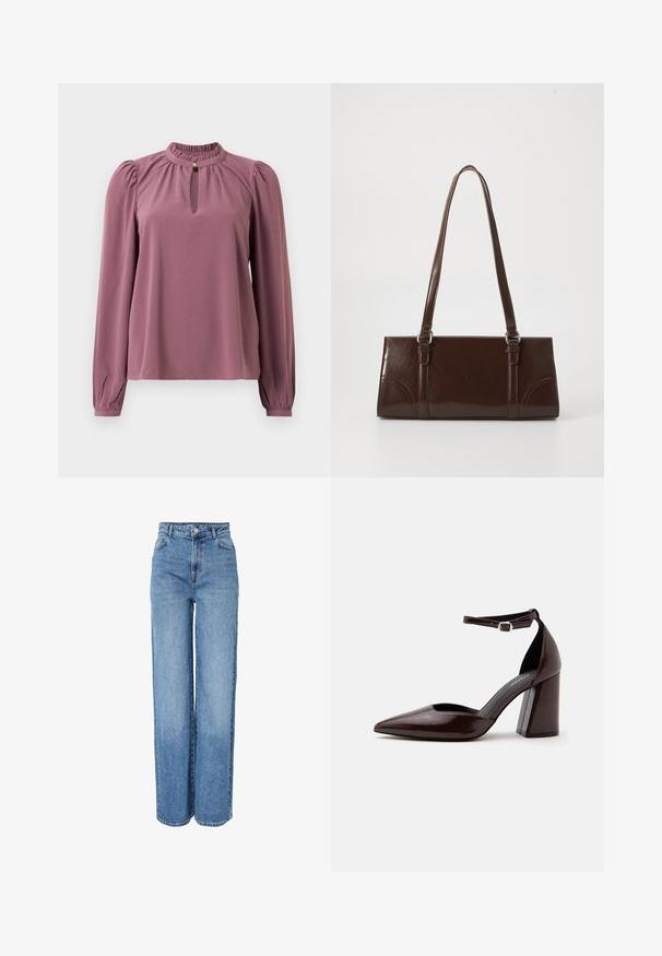 Mauve blouse met lange mouwen, geplooide kraag, keyhole halslijn met knoopsluiting en licht opgeblazen schouders.; Blauwe denim jeans met hoge taille en rechte pijpen, voorzien van knoop- en ritssluiting aan de voorkant, ceintuurlussen, en voor- en achterzakken.; Donkerbruine leren pumps met puntige neus, hoge hak, enkelbandje en zilveren gesp op een witte achtergrond.; Bruine lakleren handtas met een rechthoekige vorm, twee lange handvatten en subtiele gebogen accenten aan de voorkant.