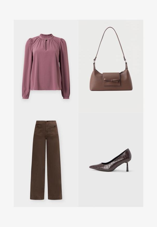 Langermet mauve bluse med samlet krave, nøglehul-udskæring med knaplukning og let puffede skuldre.; Brune, vidde bukser med høj talje og to forlommer med klapper, som lukkes med knapper på en ensfarvet baggrund.; Brune kunstlæder stiletter med spidse tæer og krokodilletekstur, der har en slank, vinklet hæl og en glat inderside.; Brun skuldertaske i læder med en frontlomme med klap, der har en sydd sløjfedetalje, og en justerbar rem.