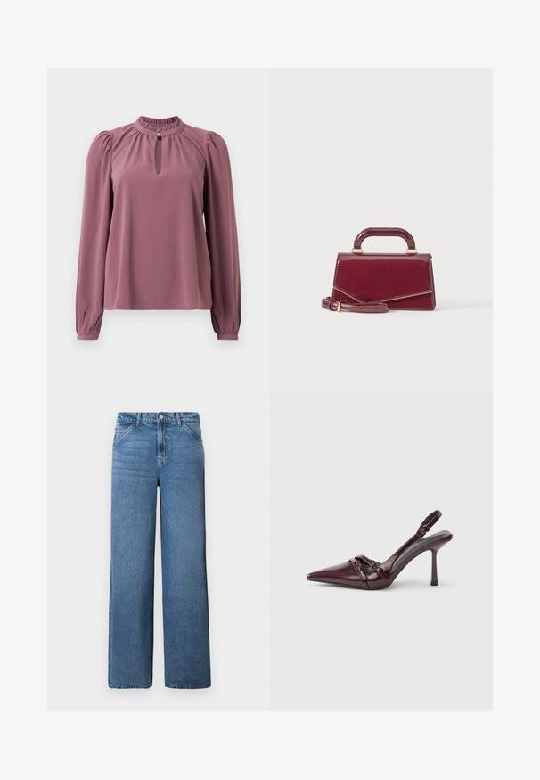Langärmlige mauve Bluse mit gerafftem Kragen, Schlüsselloch-Ausschnitt mit Knopfverschluss und leicht gepufften Schultern.; Helleblaue, weite Jeans mit hoher Taille, die über einen versteckten Reißverschluss und einen Knopfverschluss verfügen, sowie über eine auffällige Vordersteppung der Taschen.; Bordeauxroter Slingback-Pumps aus Lackleder mit spitz zulaufender Vorderkappe, dünnem Knöchelriemen und kleiner dekorativer Schnalle. Glatte Textur und hoher Absatz.; Kleine glänzende burgunderrote Handtasche mit oberem Griff und abnehmbarem Schulterriemen, vor einem schlichten hellen Hintergrund präsentiert.