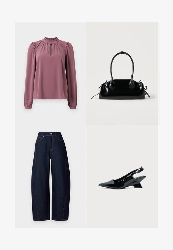 Mauve blouse met lange mouwen, geplooide kraag, keyhole halslijn met knoopsluiting en licht opgeblazen schouders.; Brede donkerblauwe denim broek met contrasterende oranje stiksels, vijf zakken en een knoop- en ritssluiting aan de taille.; Zwarte lakleren slingback schoen met spitse neus en lage schuine blokhak op een effen lichte achtergrond.; Kleine zwarte glanzende handtas met twee lange hengsels en zijkant trekkoord details op een effen lichte achtergrond.