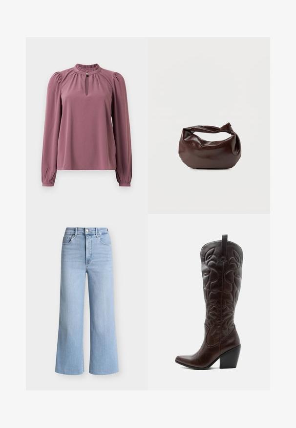 Langermet mauve bluse med samlet krave, nøglehul-udskæring med knaplukning og let puffede skuldre.; Lyseblå jeans med høj talje og vide ben, med knapper og lynlås foran, bæltestropper, for- og baglommer samt rå kantede kanter.; Høj mørkebrun læder cowboystøvle med syede dekorative mønstre, spids tå og stablet blokhæle.; Mørkebrun læder skuldertaske med en blød, afslappet form og et snoet knudehåndtag på en ensartet hvid baggrund.