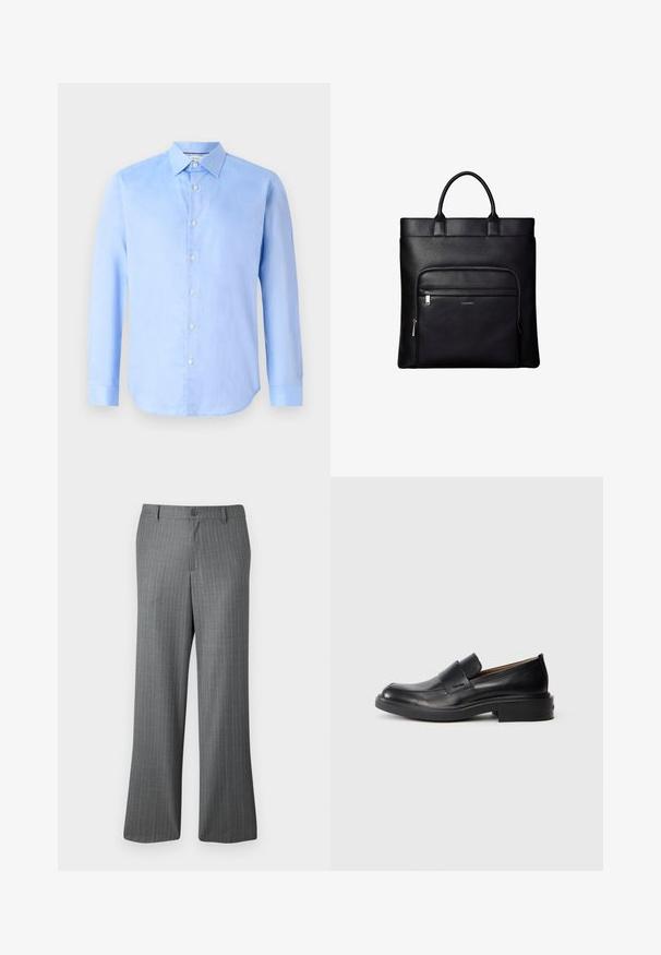 Vaaleansininen pitkähihaiseksi napitettavaksi paidaksi kudottua kangasta. Ominaisuuksiin kuuluu klassinen kaulus ja kuusi etunappia. Sujuva pinta ja istuva muotoilu.; Harmaat pinstripe-housut rentoa mallia, jossa on nappikiinnitys, vyölenkit ja hillityt vaaleansiniset raidat kauttaaltaan.; Musta nahkainen slip-on-mallinen juhlakenkä, jossa on matala kanta ja hienovarainen Calvin Klein -logo sivussa, esitetty profiloituna valkoista taustaa vasten.; Musta nahkainen olkalaukku yläkahvoilla ja etutaskussa vetoketju, jossa pieni Calvin Kleinin logo.
