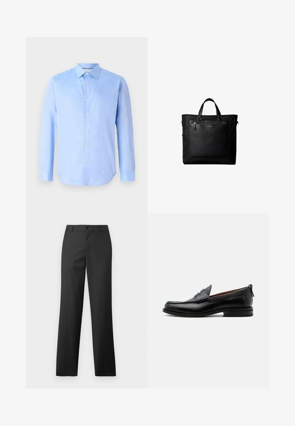 Camisa de botón de mangas largas color azul claro, hecha de tela tejida. Presenta un cuello clásico y seis botones frontales. Textura suave y diseño ajustado.; Samsøe Samsøe SAJOHNNY TROUSERS - Pantalones - turkish coffee; Mocasín de hombre de piel negra con costura moc toe, tira penny, cuello texturizado y tacón bajo apilado sobre fondo blanco.; Bolsa tote negra con asas dobles, gran bolsillo delantero de cuero con cremallera y sutil logo de Calvin Klein en el centro del bolsillo.