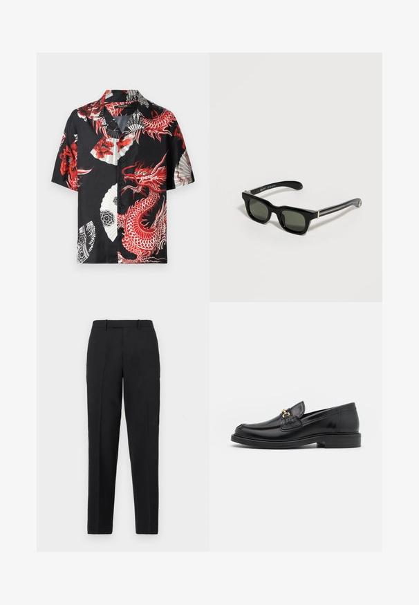 Camisa negra de manga corta con estampados de dragón rojo y flores, diseños de abanico en blanco, y un frente de botones. Fabricada con tela suave.; Theory STRAIGHT - Pantalones - deep black; Mocasines de cuero negro con punta redondeada, que cuentan con un detalle de herrajes dorados y costuras, situados sobre una suela de goma texturizada y baja.; Gafas de sol rectangulares negras con montura gruesa y lentes oscuras descansando sobre una superficie clara.