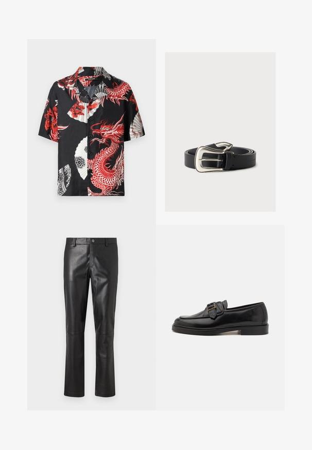 Camisa negra de manga corta con estampados de dragón rojo y flores, diseños de abanico en blanco, y un frente de botones. Fabricada con tela suave.; Pantalones de cuero negro con una textura suave, diseño de pierna recta y costuras sutiles a lo largo de las costuras. Presenta un cierre de botón en la cintura.; Mocasines de cuero negro con punta redonda y un acento decorativo de hebilla. Tacón plano y sólido, con una textura suave en todo el zapato.; Cinturón de cuero negro con una gran hebilla plateada de estilo occidental, enrollado sobre un fondo neutro.