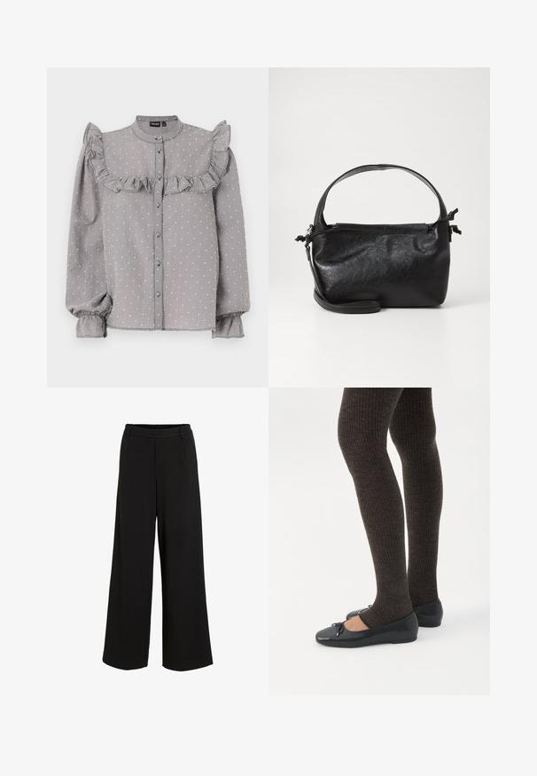 Blouse à carreaux noir et blanc avec des volants sur le buste, manches longues à volants avec des poignets élastiques et fermeture à boutons sur le devant.; Pantalons noirs à jambe large fabriqués dans un tissu lisse. Ils présentent une taille ajustée avec un détail de pli subtil et un design épuré, sans ornements.; Jambes portant des leggings côtelés foncés associés à des ballerines noires avec de petits détails en nœud sur fond blanc.; Sac à main en cuir noir au design structuré, avec une poignée arrondie et une bandoulière amovible. Présente une texture lisse et un éclat subtil.