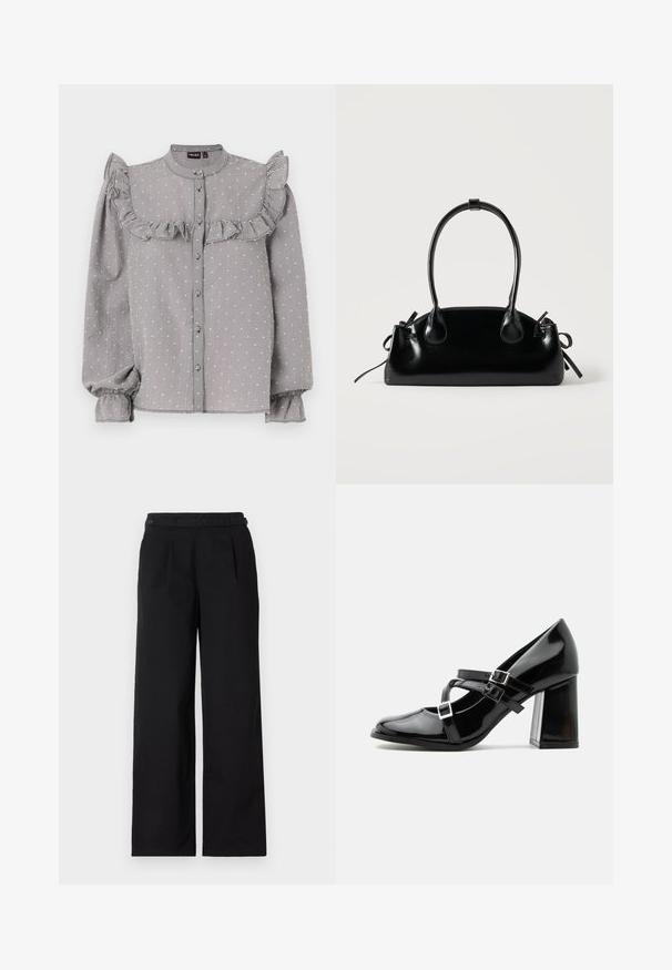 Blouse à carreaux noir et blanc avec des volants sur le buste, manches longues à volants avec des poignets élastiques et fermeture à boutons sur le devant.; Pantalons larges noirs en mélange de coton, avec des plis en façade, deux boutons à la taille et une texture lisse.; Chaussure à talon haut style Mary Jane noire brillante avec trois brides à boucle et un talon bloc épais, vue de profil sur fond blanc.; Petit sac à main noir brillant avec deux longues anses et des détails à cordon sur les côtés sur un fond clair uni.