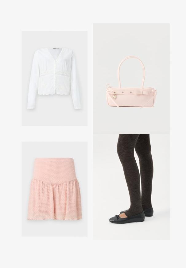 Blouse blanche à manches longues boutonnée, col en V, détails en dentelle autour de la taille et ourlet festonné.; Mini-jupe rose clair texturée avec une large ceinture et un détail de tissu froncé sur un fond uni.; Jambes portant des leggings côtelés foncés associés à des ballerines noires avec de petits détails en nœud sur fond blanc.; Sac à main rectangulaire rose pâle avec double poignée, nœud décoratif, œillets métalliques et petit charm en forme de cœur sur un fond uni.