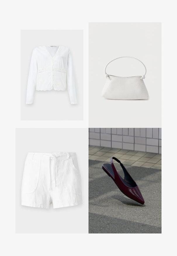 Blouse blanche à manches longues boutonnée, col en V, détails en dentelle autour de la taille et ourlet festonné.; Shorts en lin blanc avec une taille à cordon de serrage, dotés de deux poches avant et d'une texture lisse. Design simple sans embellissements.; Chaussure plate slingback en cuir verni marron avec bout pointu flottant au-dessus d'un trottoir texturé près d'un mur carrelé.; Sac à main en cuir tressé blanc avec poignée arrondie et extrémités de lanière nouées, présenté sur un fond uni.