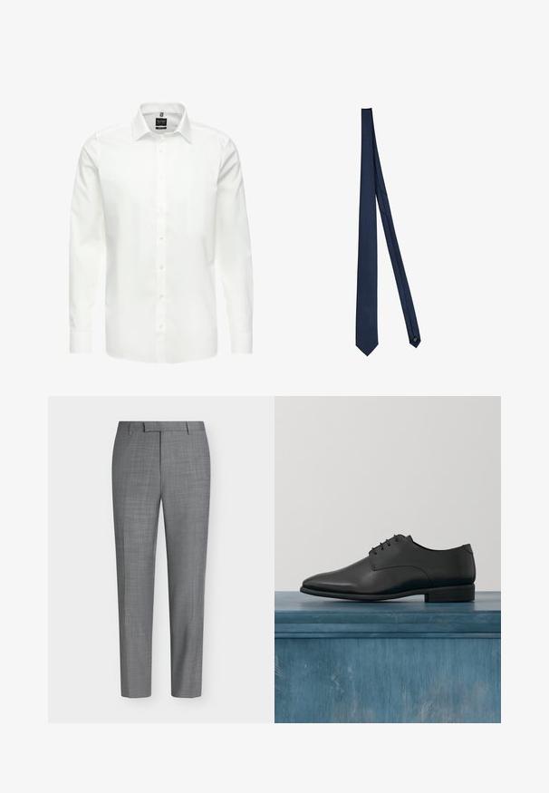 Weißes Langarmhemd, knöpfbarer Ausschnitt, klassischer Kragen, glattes Baumwollgewebe, leicht, mit dezenten Nähten und ohne Muster.; Graue Slim-Fit-Hosen mit dezentem Karo-Muster, Gürtelschlaufen und flachem Vorderteil vor einem schlichten weißen Hintergrund.; Schwarze Lederdressschuhe mit glatter Oberfläche, runder Spitze und minimaler Schnürung. Verfügen über einen niedrigen Absatz und ein elegantes Design vor einem neutralen Hintergrund.; Marineblaue Herren-Krawatte mit kleinem hellblauen Punktmuster, flach auf weißem Hintergrund dargestellt.