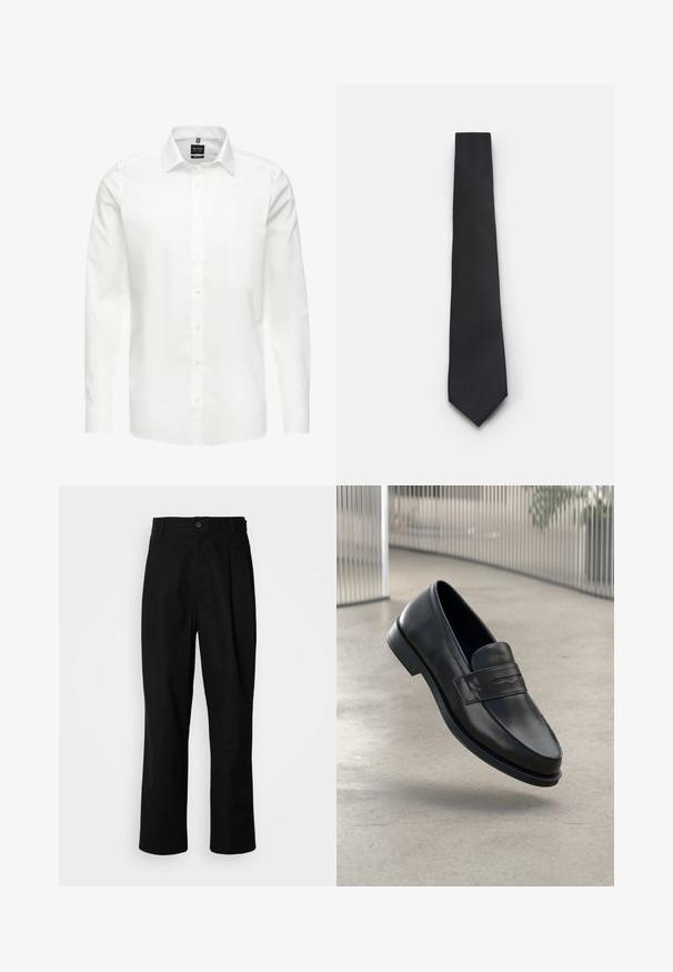 Weißes Langarmhemd, knöpfbarer Ausschnitt, klassischer Kragen, glattes Baumwollgewebe, leicht, mit dezenten Nähten und ohne Muster.; Schwarze gerade geschnittene Hosen mit einem Knopfverschluss, Gürtelschlaufen und Vorderfalten, vor einem schlichten weißen Hintergrund präsentiert.; Schwarzer Lederloafer mit glatter Textur, spitzer Zehe und einem dekorativen Riemen über dem Rist. Leichte Sohle, minimalistisches Design.; Schmale schwarze Krawatte mit einem strukturierten, diagonalen Rippmuster. Verfügt über eine spitze Spitze und eine glatte Oberfläche. Geeignet für formelle Anlässe.