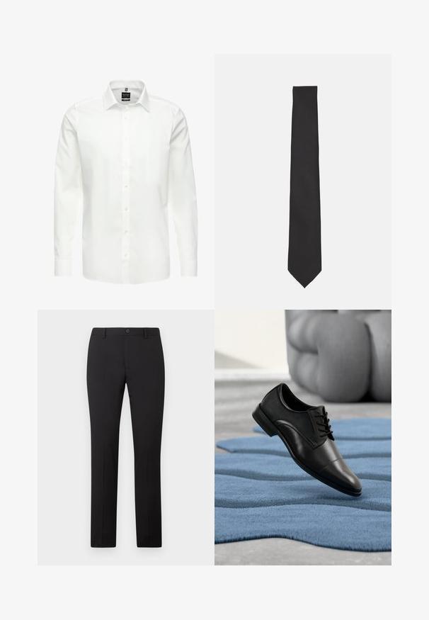 Weißes Langarmhemd, knöpfbarer Ausschnitt, klassischer Kragen, glattes Baumwollgewebe, leicht, mit dezenten Nähten und ohne Muster.; Schwarze, maßgeschneiderte Hose mit geradem Bein, ausgestattet mit Knopfverschluss und Gürtelschlaufen. Hergestellt aus glattem Stoff ohne sichtbare Muster.; Schwarzer Herren-Halbschuh aus Leder und Stoff, der auf einem strukturierten blauen Teppich mit grauem gepolstertem Hintergrund liegt.; Schwarze Krawatte mit glatter Textur, schlankem Design und spitzem Ende. Keine Muster oder Akzente sichtbar, vor einem einfarbigen weißen Hintergrund.