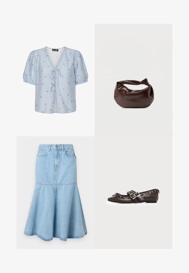 Blauw en witte gestreepte blouse met korte pofmouwen, een diepe V-hals, striksluiting aan de voorkant en rode bloemenaccenten overal.; Lichtblauwe denim rok met een uitlopende onderkant, voorzien van een getailleerde taille, zakken en subtiele stikdetails.; Donkerbruine leren platte schoen met puntige neus, dubbele zilveren gespsluitingen, metalen klinknagels en een decoratief strikje aan de voorkant.; Donkerbruine leren schoudertas met een zachte, slungelige vorm en een gedraaide knoopvormige handgreep op een effen witte achtergrond.