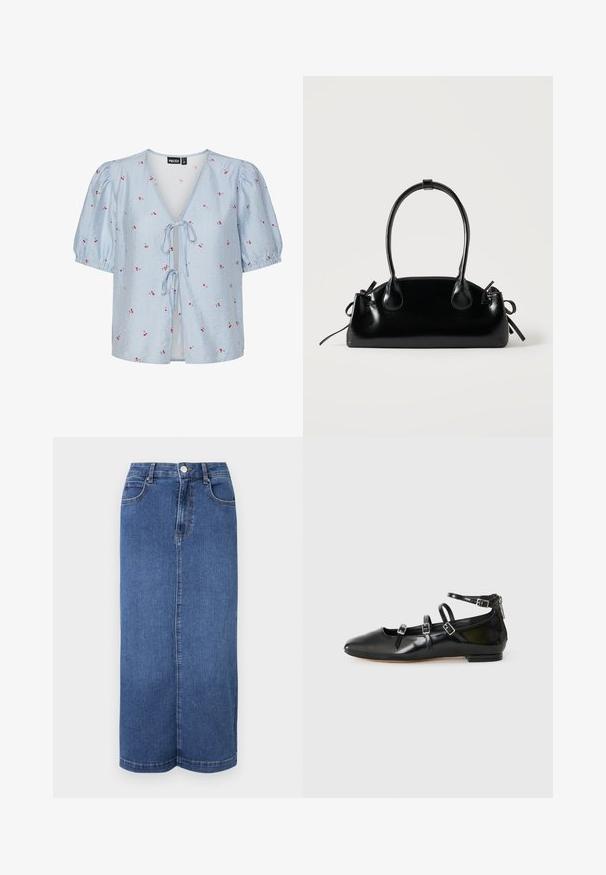 Blauw en witte gestreepte blouse met korte pofmouwen, een diepe V-hals, striksluiting aan de voorkant en rode bloemenaccenten overal.; Denim maxi rok in donkerblauw, met een rechte snit, een tailleband met knoopsluiting en minimale stikdetails.; ALDO NELTA - Ballerina's - black; Kleine zwarte glanzende handtas met twee lange hengsels en zijkant trekkoord details op een effen lichte achtergrond.