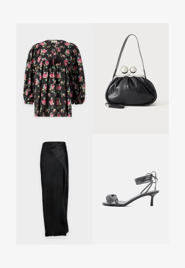 Blouse noire avec un motif floral en rose et vert. Comprend des manches bouffantes, un buste froncé et un lien avec des pompons au niveau du col.; Jupe maxi en satin noir avec une fente sur le côté, texture lisse et design drapé. Présente une taille haute et une silhouette fluide.; Sandale à talon en cuir gris avec une bride nouée sur les orteils et des lacets enroulants autour de la cheville, sur un talon moyen et fin, sur fond blanc.; Sac à main en cuir noir avec un design plissé, une sangle unique, un cadre métallique argenté et deux grandes fermoirs ronds en argent.
