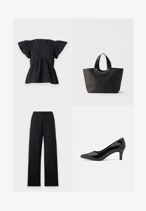 Top de algodón negro con mangas cortas acampanadas, un escote en V profundo, cintura fruncida y un acabado de tela texturizada. Presenta un corte suelto y relajado.; Pantalones negros de pierna ancha con cintura elástica, parte delantera plana y piernas largas y rectas, mostrados sobre un fondo claro y liso.; Zapato de tacón alto de charol negro con punta afilada y tacón de altura media, que presenta un acabado suave y brillante y un diseño sencillo.; Bolsa tote negra texturizada con asas anchas y redondeadas que presenta el nombre de la marca en relieve "Samsøe Samsøe" sobre un fondo neutro.