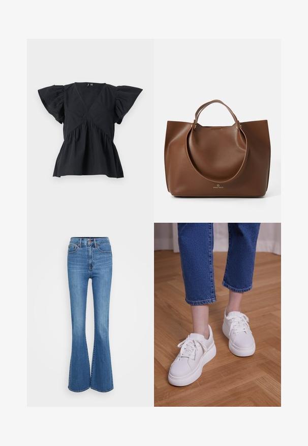 Sort bomuldstop med korte, udskårne ærmer, dyb V-hals, samlet talje og en struktureret stoffinish. Har en løs, afslappet pasform.; Blå denim jeans med bredde i bunden og høj talje, med stiklommer, metalknap og en glat struktur. Klassisk fem-lommes design.; Ben iført cropped blå jeans og hvide snørebånds-plateausneakers, stående på lyst trægulv.; Brun læder tote bag med en glat tekstur, store runde håndtag, prydet med minimalistisk design og logo prentet på bunden.