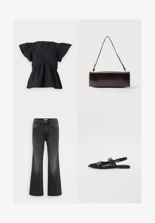 Top de algodón negro con mangas cortas acampanadas, un escote en V profundo, cintura fruncida y un acabado de tela texturizada. Presenta un corte suelto y relajado.; Pantalones vaqueros negros de pierna ancha con cintura alta, hechos de denim. Presentan bolsillos frontales, remaches de cobre y costuras visibles a lo largo de los dobladillos.; Even&Odd Bailarinas con tira trasera - black; Bolso rectangular de cuero negro con una sola correa larga y acabado brillante, exhibido sobre un fondo blanco liso.