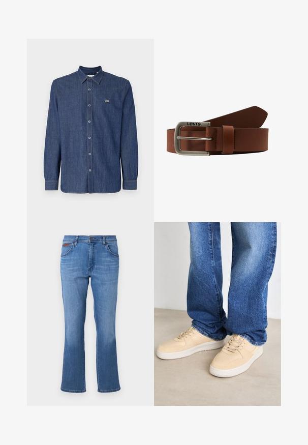 Mørkeblå denimskjorte med lange ærmer, der har en button-down krave, frontknapper og et lille grønt logo på brystet.; Lysblå denim jeans med lige ben-design, der har lynlås- og knaplukning, to frontlommer og et broderet logo-patch.; Beige sneaks med en glat overflade, perforerede detaljer og en hvid gummisål, parret med blå denim jeans.; Brun læderbælte med en sølv rektangulær spænde, der har et logo og stikninger, der bliver smalere mod enden.