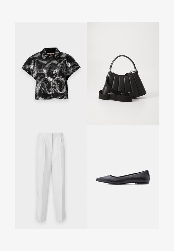 Sort cropped skjorte med metallic sølv abstrakt mønster, korte ærmer og spids krave. Glat tekstur og knaplukning synlig.; Hvide skræddersyede bukser med lige pasform, der har foran læg, to sidelommer og en ren talje for et elegant look.; Sort flad lædersko med spidst tåparti og lav hæl, vist i sideprofil mod en hvid baggrund.; Sort plisseret handbag med et rundet håndtag, justerbar rem og blank overflade. Har sølvfarvet hardware og en struktureret silhuet.