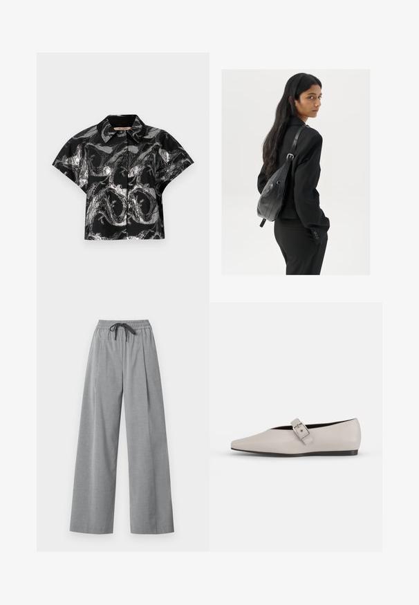 Sort cropped skjorte med metallic sølv abstrakt mønster, korte ærmer og spids krave. Glat tekstur og knaplukning synlig.; Lysegrå bukser med vide ben, elastisk talje og sort snor, lavet af glat stof, vist på hvid baggrund.; Beige læder flad sko med spidse tæer, en sidelukning som accent og en lav sort sål. Glat tekstur og minimalistisk design.; Kvinde med langt, mørkt hår iført en sort dragt, bærende en sort læder skuldertaske, som ser over sin skulder mod en hvid baggrund.