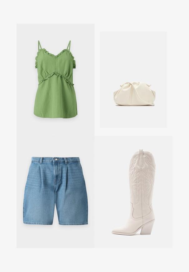 Haut sans manches vert avec des bretelles à volants, tissu texturé et taille froncée. Présente un décolleté en V et une silhouette fluide.; Shorts en denim bleu clair avec des plis avant, une fermeture à bouton et une couture classique. Le tissu a une texture lisse et une coupe droite.; Bottine de cowboy en cuir blanc avec un bout pointu et un talon bloc. Présente des motifs de broderie complexes sur la tige et une texture lisse.; Pochette en cuir souple couleur crème avec un design froncé et une fine bandoulière reposant à l’avant sur un fond uni.