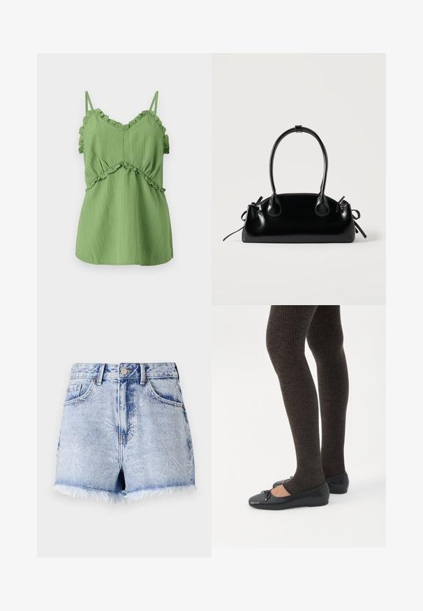 Haut sans manches vert avec des bretelles à volants, tissu texturé et taille froncée. Présente un décolleté en V et une silhouette fluide.; Shorts en denim bleu clair avec un ourlet effiloché. Décorés de clous argentés en motifs d'explosion d'étoiles et dotés d'un design classique à cinq poches.; Jambes portant des leggings côtelés foncés associés à des ballerines noires avec de petits détails en nœud sur fond blanc.; Petit sac à main noir brillant avec deux longues anses et des détails à cordon sur les côtés sur un fond clair uni.
