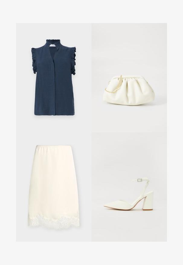 Navyblauw mouwloze blouse met een hoge ruches kraag en ruches accenten op de schouders, gemaakt van een lichtgewicht stof.; Halflange slip in crèmekleur met een elastische tailleband en een kanten rand langs de zoom, weergegeven tegen een effen lichte achtergrond.; Witte hakken sandaal met een puntige neus, verstelbaar enkelbandje en een stevige vierkante hak. Gladde textuur met minimale stiksels.; Witte leren handtas met een geassembleerd ontwerp, voorzien van een gouden kettingband en een ronde vorm. Gladde textuur met zachte plooien en geen patronen.