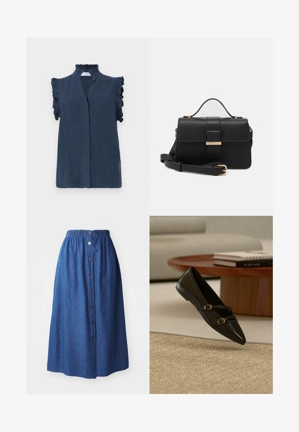 Marineblå ærmeløs bluse med høj flæsekant og flæser på skuldrene, lavet af et let stof.; Denim nederdel med elastisk talje, blå stof, fuld længde, front lukning med knapper og subtil tekstur. Ingen synlige mønstre eller accenter.; Sort flad sko med spids snude og to tynde remme med spænder, der svæver over et beige tæppe, med et bord i træ og bøger i baggrunden.; Sort læderhåndtaske med gyldne metalaccenter, rektangulær form, flaplukning, justerbar skulderrem, glat tekstur, minimalistisk design.
