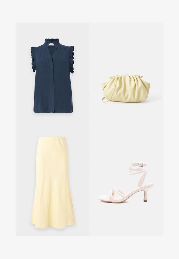 Navyblauw mouwloze blouse met een hoge ruches kraag en ruches accenten op de schouders, gemaakt van een lichtgewicht stof.; Lange, bleekgele rok met een lichte uitlopende zoom, met een gladde textuur en een elastische tailleband.; Witte sandaal met hak, voorzien van een voorzijde met bandjes, een enkelriempje met gesp en een smalle hak van gemiddelde hoogte, afgebeeld op een effen achtergrond.; Geel geplooide handtas van soepel nepleer, met een zachte vorm, een enkele schouderriem en een verzameld ontwerp aan de bovenkant.
