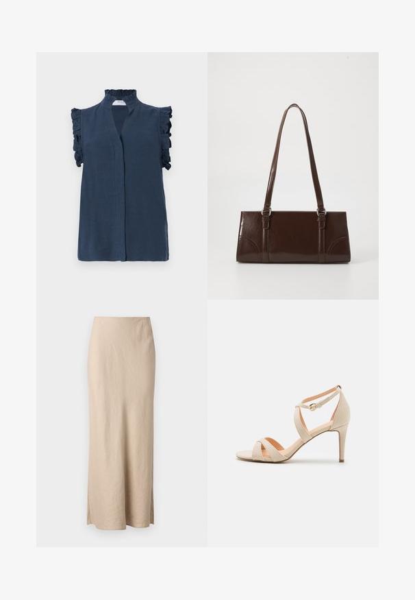 Marineblå ærmeløs bluse med høj flæsekant og flæser på skuldrene, lavet af et let stof.; Samsøe Samsøe AGNETA LONG SKIRT - Maxinederdele - white pepper; Beige ruskinds høje hæle sandaler med åben tå, krydset stropdesign og ankelrem med en guldfarvet spænde.; Brun lakeret håndtaske med rektangulær form, to lange håndtag og subtile buede detaljer på fronten.