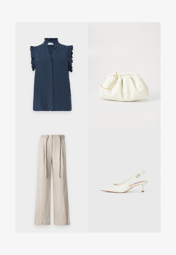 Navyblauw mouwloze blouse met een hoge ruches kraag en ruches accenten op de schouders, gemaakt van een lichtgewicht stof.; Wijde broek in lichtbeige linnen met een hoge taille, voorplooien en een strikriemdetail. Soepele textuur en een ontspannen pasvorm.; Witte slingback hakken met een puntige neus, gemaakt van gladleer. Voorzien van een slanke hak en een gespband voor een veilige pasvorm.; Witte leren handtas met een geassembleerd ontwerp, voorzien van een gouden kettingband en een ronde vorm. Gladde textuur met zachte plooien en geen patronen.