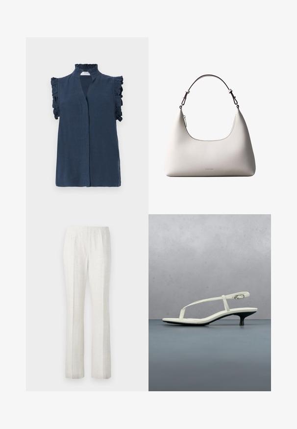 Navyblauw mouwloze blouse met een hoge ruches kraag en ruches accenten op de schouders, gemaakt van een lichtgewicht stof.; Lichtgekleurde, rechte broek met een gladde textuur, voorzien van pijpplooien aan de voorkant en een strakke tailleband.; Witte sandaal met smalle bandjes en kitten heel, met een spitse neus, zwevend boven een houten tegelvloer buiten, met op de achtergrond een wazige plant en muur.; Romige Calvin Klein leren schoudertas met gebogen bovenrand, zilveren rits en donkerbruine verstelbare riem.