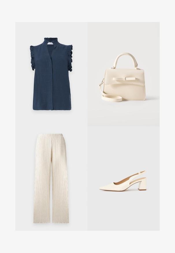 Blusa sin mangas de color azul marino con un alto cuello con volantes y detalles de volantes en los hombros, confeccionada en una tela ligera.; Pantalones de pierna ancha de color crema con un diseño texturizado con pliegues y una cinturilla elástica. Corte recto con una apariencia suave y fluida.; Zapato de salón con tira trasera en charol crema brillante, con punta afilada y tacón cuadrado grueso para mayor estabilidad. Diseño minimalista, sin adornos.; Pequeño bolso beige con asa superior, correa desmontable, solapa frontal y lazo decorativo horizontal sobre un fondo liso.