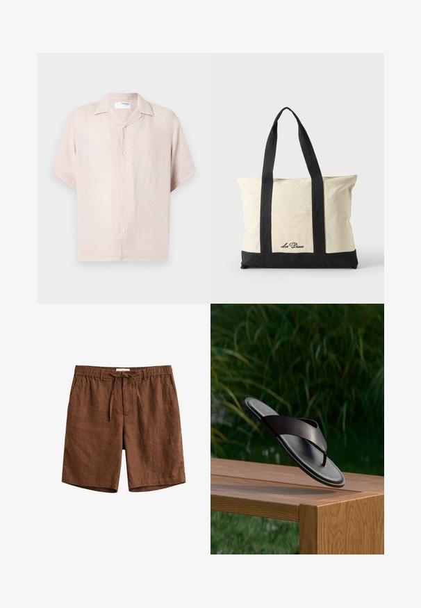 Kortærmet linen skjorte i lyserød med krave, dobbeltknaplukning foran og subtil tekstur. Har en afslappet pasform og rene linjer.; Brune linnedshorts med elastisk talje, snøretræk, bæltestropper og sidelommer.; Sort læderthongsandal flyder over en træbænk med grønt løv i den slørede baggrund.; Canvas-totepose med lange sorte håndtag, sort bundkant og frontlomme med "Les Deux" logo i sort skrift.