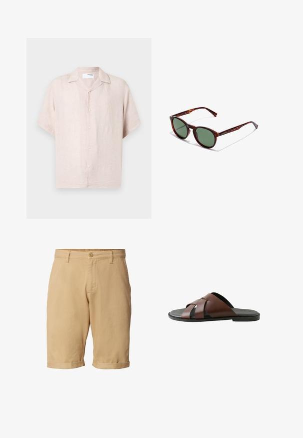 Kortærmet linen skjorte i lyserød med krave, dobbeltknaplukning foran og subtil tekstur. Har en afslappet pasform og rene linjer.; Beige shorts i mid-længde med opbukket kant, knappelukning, bæltestropper og sidelommer.; Herrebrun lædersandal med krydsede remme og sort sål, vist i profil mod hvid baggrund.; Brune skildpaddedesign solbriller med runde rammer, grønne linser og mønstrede tempelarme. Har brandlogo på en arm.