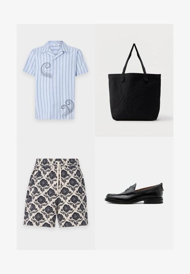 Camisa de manga corta a rayas en azul claro con bordado de pulpo negro en el lado izquierdo y diseño de botones en el frente.; Pantalones cortos impresos en crema con un diseño floral en azul marino, que cuentan con una cinturilla elástica y cordón, hechos de tela ligera.; Mocasín de hombre de piel negra con costura moc toe, tira penny, cuello texturizado y tacón bajo apilado sobre fondo blanco.; Bolsa tote de lona negra con dos correas para el hombro y un diseño circular en relieve sutil en el frente.