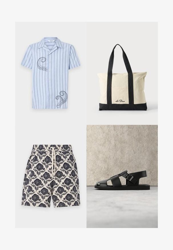 Kortærmet, lyseblå stribet skjorte med sort blæksprutte broderi på venstre side og knaplukning fortil.; Printede shorts i creme med et marineblåt blomstermønster, der har en elastisk talje og snøre, lavet af letvægtsstof.; Sort lædersandal med spænde, åbent tå-design, vist på beige tæppe med sløret brun møbelbaggrund.; Canvas-totepose med lange sorte håndtag, sort bundkant og frontlomme med "Les Deux" logo i sort skrift.