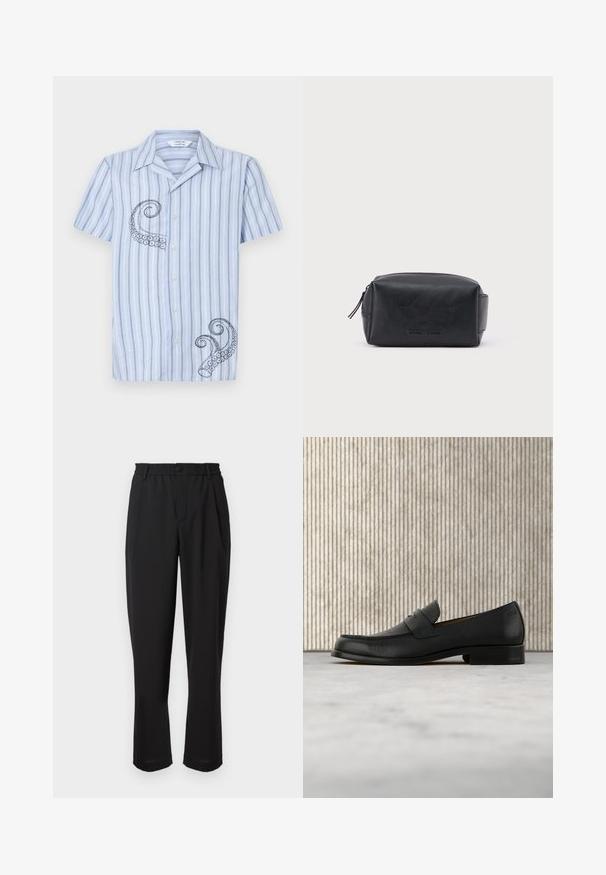 Košeľa s krátkym rukávom, svetlomodrá s pruhmi, s čiernou výšivkou chobotnice na ľavej strane a dizajnom na gombíky.; Čierne nohavice s elastickým pásom, zapínaním na gombík a rovnými nohavicami. Hladká tkanina, žiadne viditeľné vzory alebo akcenty.; Čierny kožený mokasín vznášajúci sa nad béžovým koberecom s lesklým hnedým okrúhlym stolom v pozadí.; Čierna obdĺžniková kožená taštička na toaletné potreby so zipsom a vyrazeným názvom značky na prednej strane, na jednoduchom bielom pozadí.