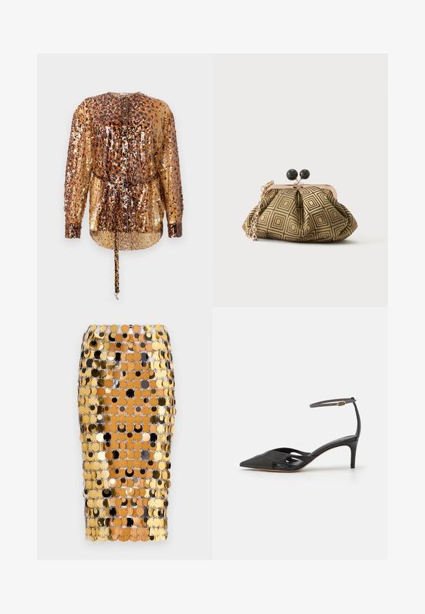 Rabanne Bluse - hairy/brown/black; Rabanne Pencil skirt - brown/black; Sort læder højhælet sko med spids tå, åbne sider og en tynd ankelrem med en lille guld detalje.; Lille clutch taske med gyldent og sort geometrisk mønster, guldfarvet metalramme, sort kuglelås og en kort guldkæde som rem.